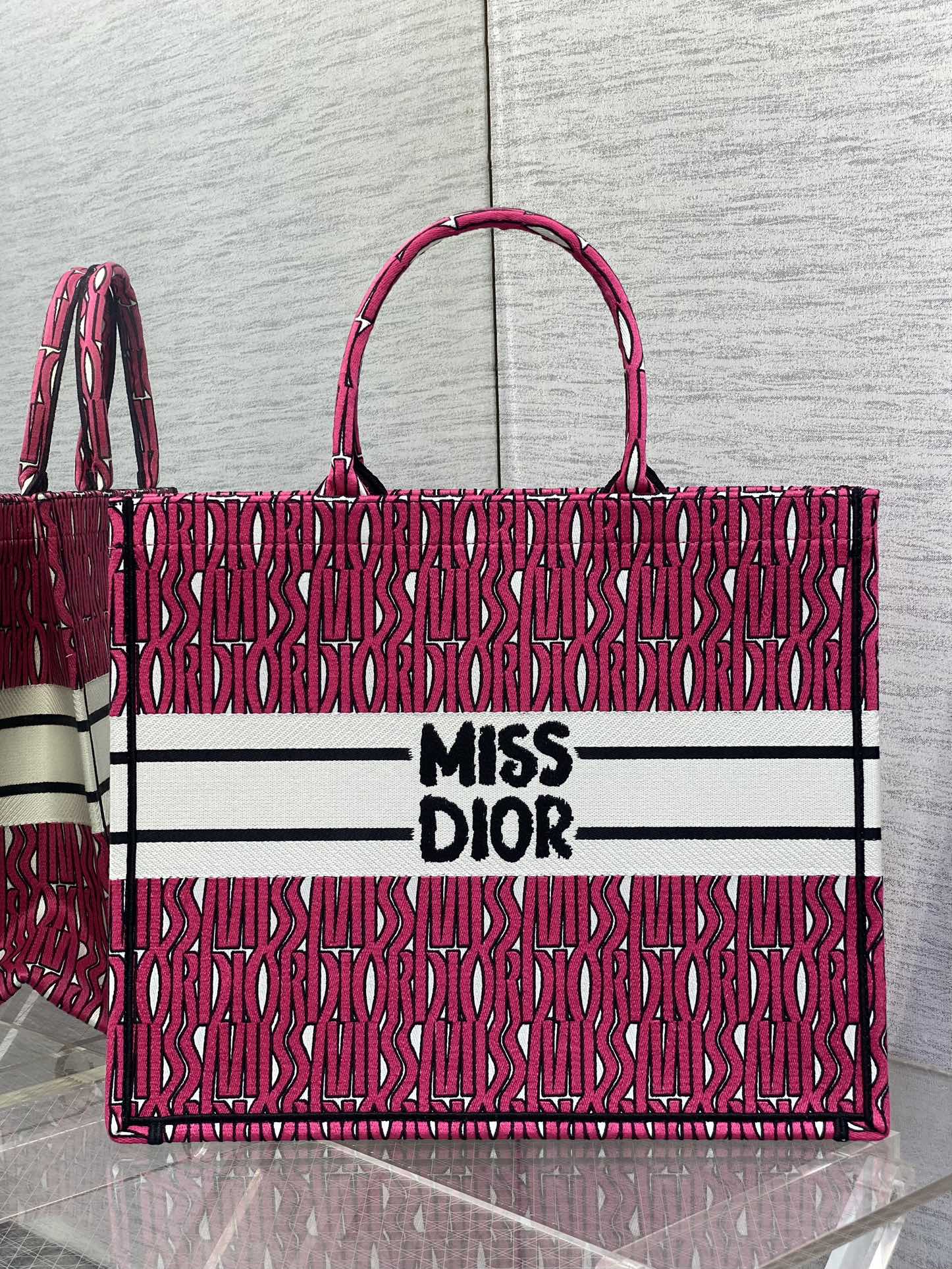 Large Dior Book Tote Bag Red and White Miss Dior Allover Embroidery